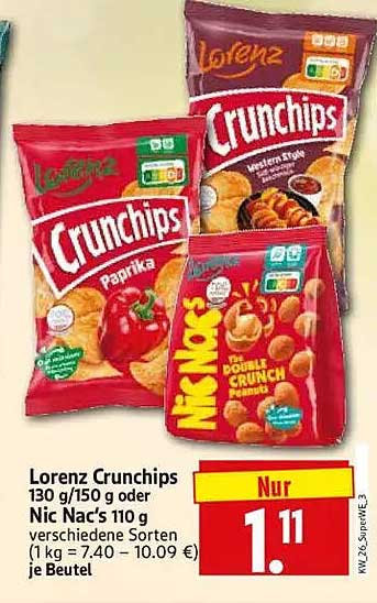 Lorenz Crunchips 130 g/150 g oder Nic Nac's 110 g verschiedene Sorten (1 kg = 7.40 – 10.09 €) je Beutel