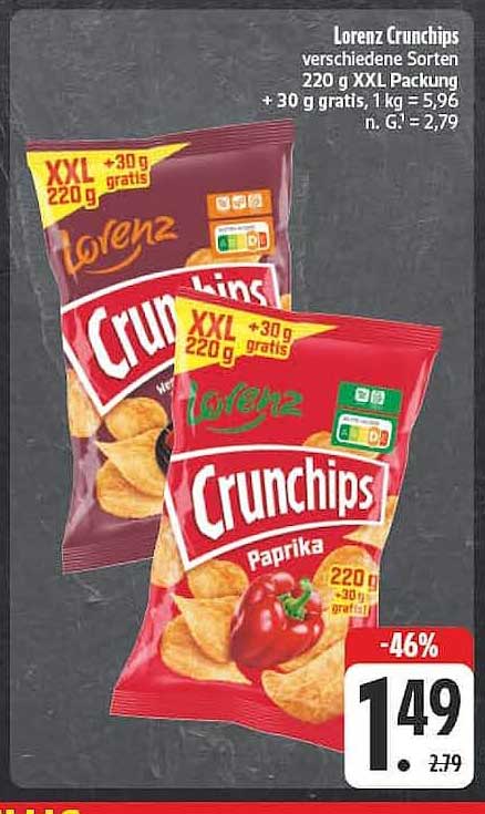 Lorenz Crunchips verschiedene Sorten 220 g XXL Packung + 30 g gratis, 1 kg = 5,96 n. G. = 2,79