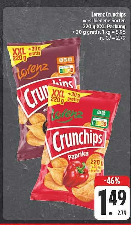 Lorenz Crunchips verschiedene Sorten 220 g XXL Packung + 30 g gratis, 1 kg = 5,96 n. G.1 = 2,79