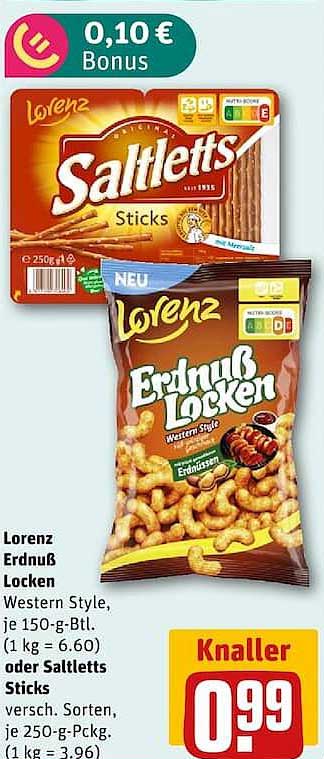 Lorenz Erdnuß Locken Western Style, je 150-g-Btl. (1 kg = 6.60) oder Saltletts Sticks versch. Sorten, je 250-g-Packg. (1 kg = 3.96)