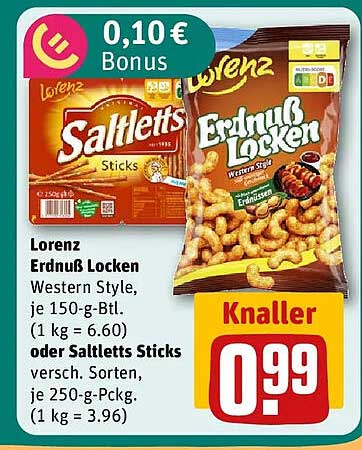 Lorenz Erdnuss Locken Western Style, je 150-g-Btl. (1 kg = 6.60) oder Saltletts Sticks versch. Sorten, je 250-g-Pckg. (1 kg = 3.96)