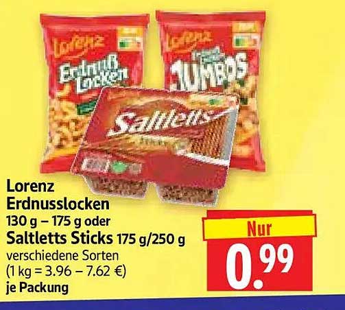 Lorenz Erdnusslocken 130 g – 175 g oder Saltletts Sticks 175 g/250 g verschiedene Sorten (1 kg = 3.96 - 7.62 €) je Packung