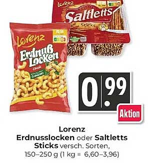 Lorenz Erdnusslocken oder Saltletts Sticks versch. Sorten, 150–250 g (1 kg = 6,60–3,96)