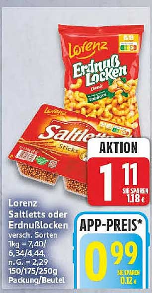 Lorenz Saltletts oder Erdnusslocken versch. Sorten 1kg = 7,40 / 6,34 / 4,44 n. G. = 2,29 150/175/250g Packung/Beutel