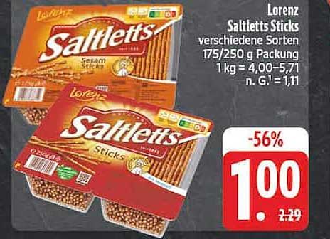 Lorenz Saltletts Sticks verschiedene Sorten 175/250 g Packung 1 kg = 4,00 - 5,71 n. G. = 1,11