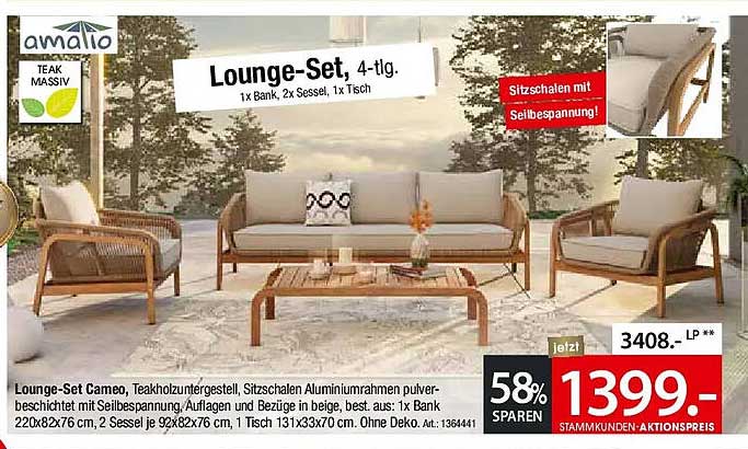 Lounge-Set Cameo, Teakholzuntergestell, Sitzschalen Aluminiumrahmen pulverbeschichtet mit Seilbespannung, Auflagen und Bezüge in beige, besteh. aus: 1x Bank 220x82x76 cm, 2x Sessel je 92x82x76 cm, 1 Tisch 133x37x60 cm