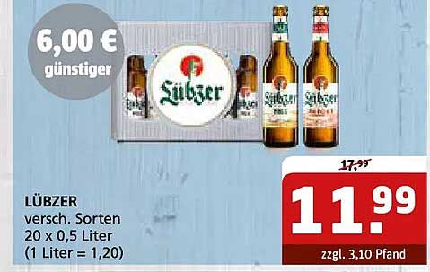 LÜBZER versch. Sorten 20 x 0,5 Liter (1 Liter = 1,20)