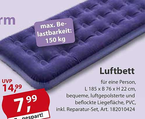Luftbett für eine Person, L 185 x B 76 x H 22 cm, bequeme, luftgepolsterte und beflockte Liegefläche, PVC, inkl. Reparatur-Set, Art. 182010424