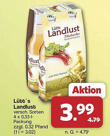 Lütt's Landlust versch. Sorten 4 x 0,33-l-Packung zzgl. 0.32 Pfand (1 l = 3.02)