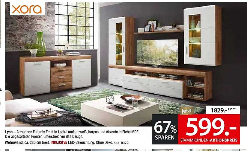 Lyon – Attraktiver Farbmix Front in Lack-Laminat weiß, Korpus und Akzente in Eiche MDF
