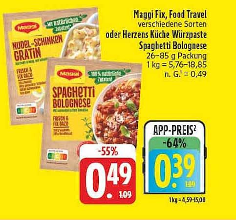 Maggi Fix, Food Travel verschiedene Sorten oder Herzens Küche Würzpasta Spaghetti Bolognese 26–85 g Packung