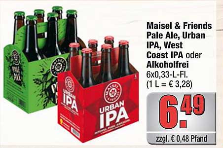 Maisel & Friends Pale Ale, Urban IPA, West Coast IPA oder Alkoholfrei 6x0,33-L-Fl. (1 L = € 3,28)