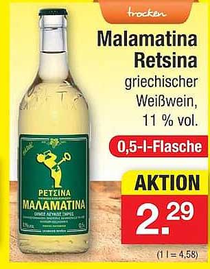 Malamatina Retsina griechischer Weißwein, 11 % vol. 0,5-l-Flasche AKTION