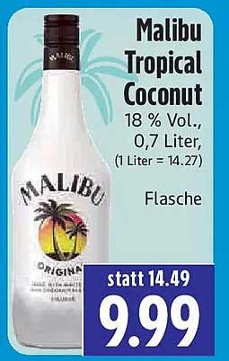 Malibu Tropical Coconut 18 % Vol., 0,7 Liter, (1 Liter = 14.27) Flasche