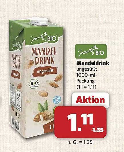 Mandeldrink ungesüßt 1000-ml-Packung (1 l = 1.11)