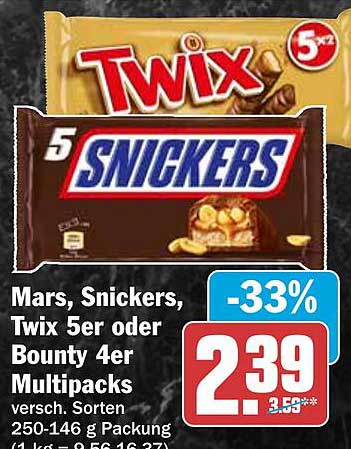 Mars, Snickers, Twix 5er oder Bounty 4er Multipacks