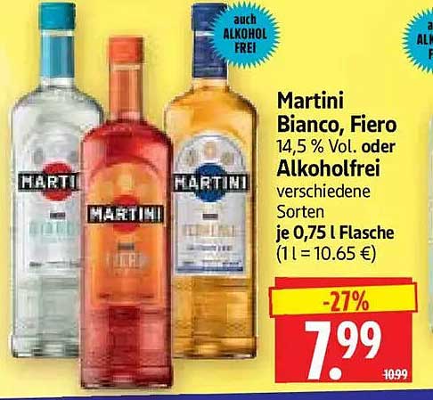 Martini Bianco, Fiero 14,5 % Vol. oder Alkoholfrei verschiedene Sorten je 0,75 l Flasche (1 l = 10.65 €)