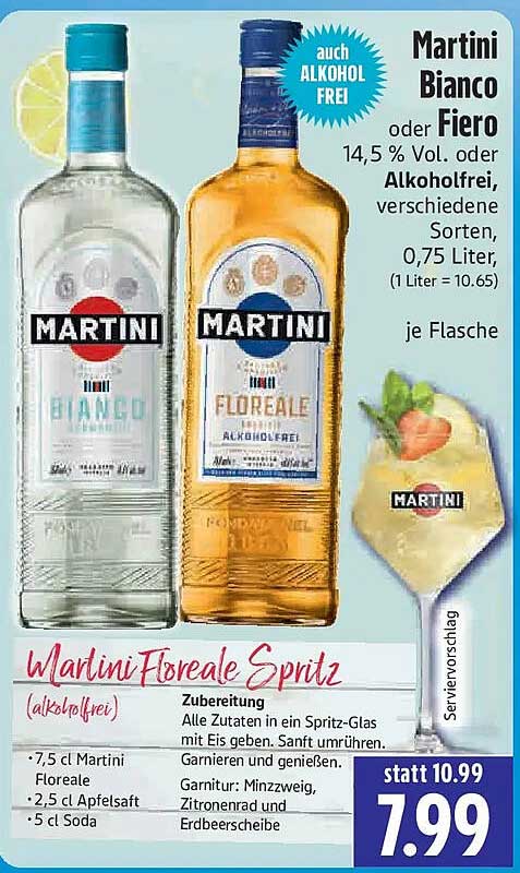 Martini Bianco oder Fiero 14,5 % Vol. oder Alkoholfrei, verschiedene Sorten, 0,75 Liter, je Flasche