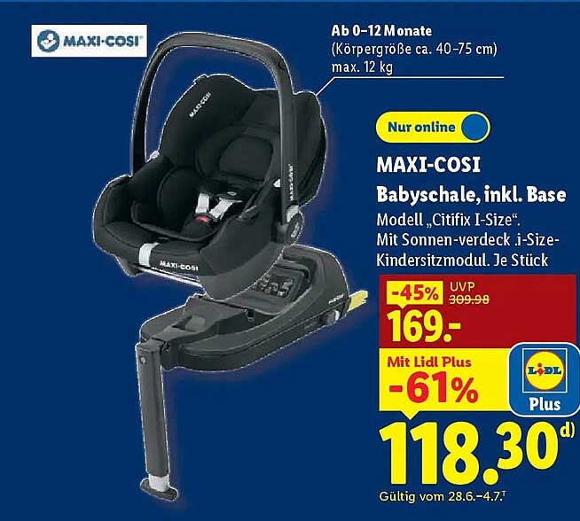 MAXI-COSI Babyschale, inkl. Base Modell „Citifix I-Size“. Mit Sonnen-verdeck i-Size-Kindersitzmodul. Je Stück