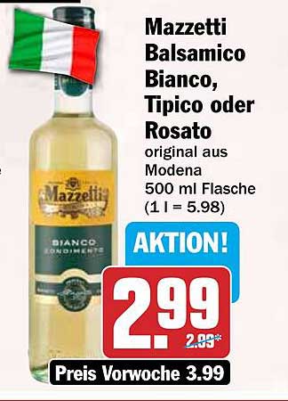 Mazzetti Balsamico Bianco, Tipico oder Rosato original aus Modena 500 ml Flasche (1 l = 5.98)