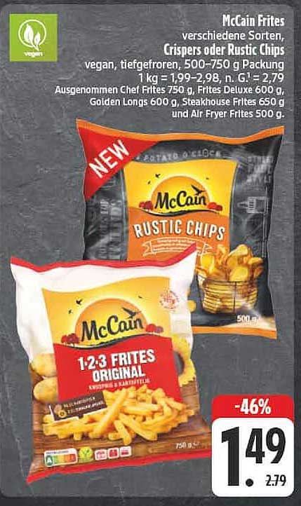 McCain Frites verschiedene Sorten, Crispers oder Rustic Chips vegan, tiefgefroren, 500-750 g Packung