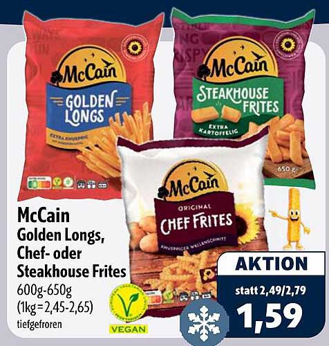 McCain Golden Longs, Chef- oder Steakhouse Frites 600g-650g (1kg=2,45-2,65) tiefgefroren