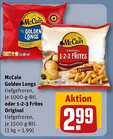 McCain Golden Longs tiefgefroren, je 1000-g-Btl. oder 1-2-3 Frites Original tiefgefroren, je 1500-g-Btl. (1 kg = 1.99)