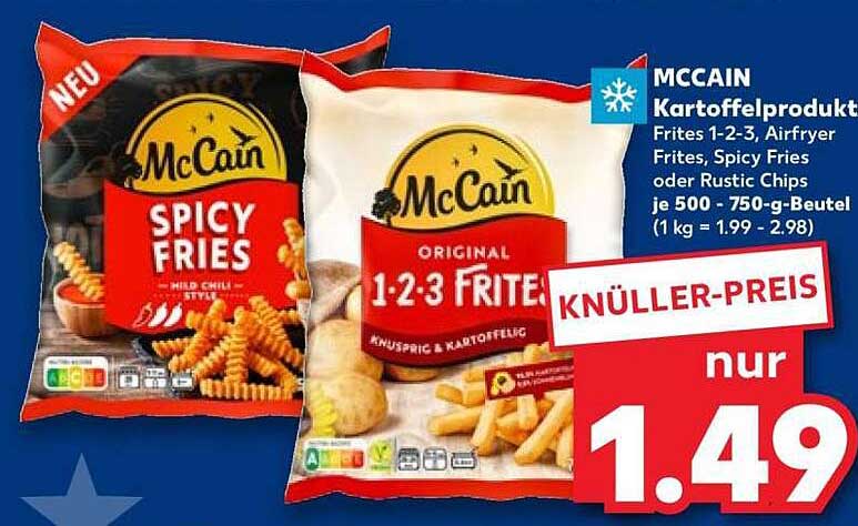 McCain Kartoffelprodukte: Frites 1-2-3, Airfryer Frites, Spicy Fries oder Rustic Chips je 500 - 750-g-Beutel