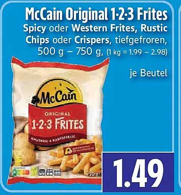 McCain Original 1.2.3 Frites Spicy oder Western Frites, Rustic Chips oder Crispers, tiefgefroren, 500 g – 750 g