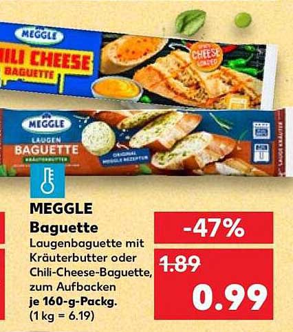 MEGGLE Baguette Laugenbaguette mit Kräuterbutter oder Chili-Cheese-Baguette, zum Aufbacken je 160-g-Packg. (1 kg = 6.19)