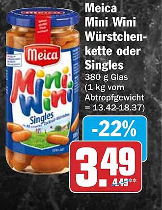 Meica Mini Wini Würstchen-kette oder Singles 380 g Glas (1 kg vom Abtropfgewicht = 13.42-18.37)