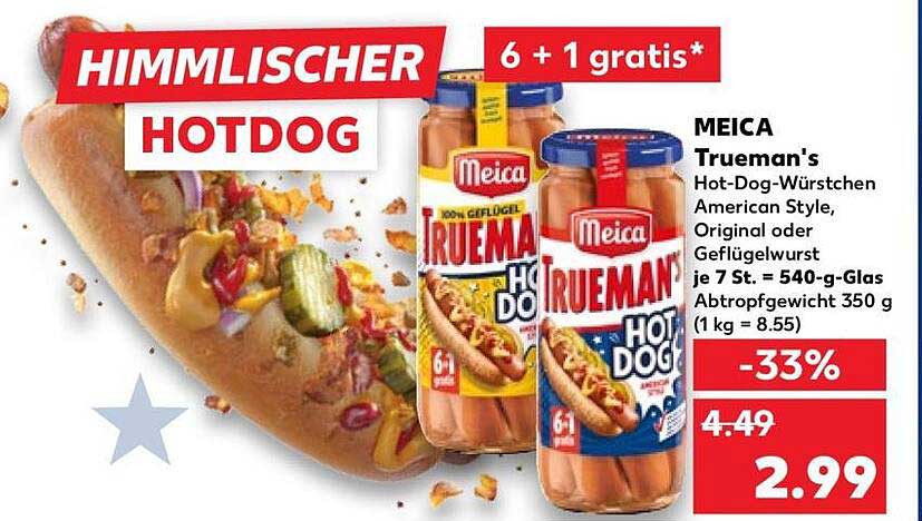 MEICA Trueman's Hot-Dog-Würstchen American Style, Original oder Geflügelwurst je 7 St. = 540-g-Glas Abtropfgewicht 350 g (1 kg = 8.55)