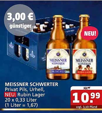 MEISSNER SCHWERTER Privat Pils, Urhell, NEU: Rubin Lager 20 x 0,33 Liter (1 Liter = 1,67)