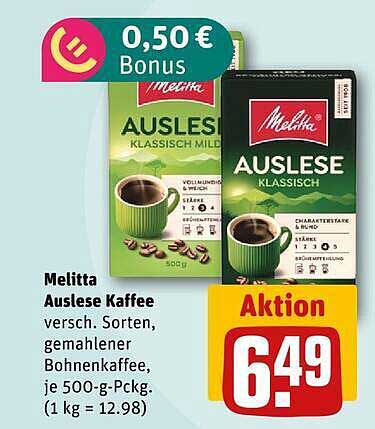 Melitta Auslese Kaffee versch. Sorten, gemahlener Bohnenkaffee, je 500-g-Pckg. (1 kg = 12.98)