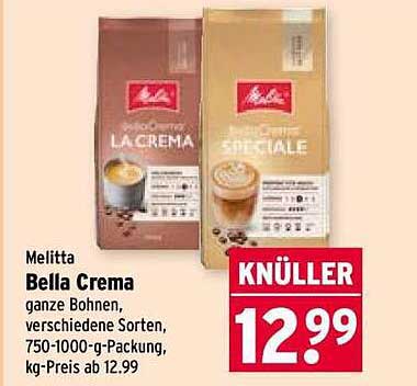 Melitta Bella Crema ganze Bohnen, verschiedene Sorten, 750-1000-g-Packung, kg-Preis ab 12.99