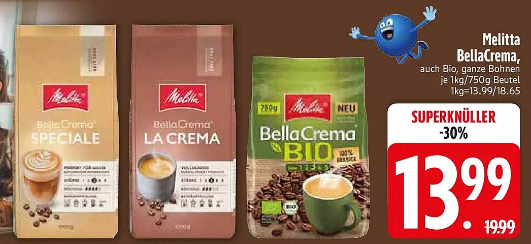 Melitta BellaCrema, auch Bio, ganze Bohnen je 1kg/750g Beutel