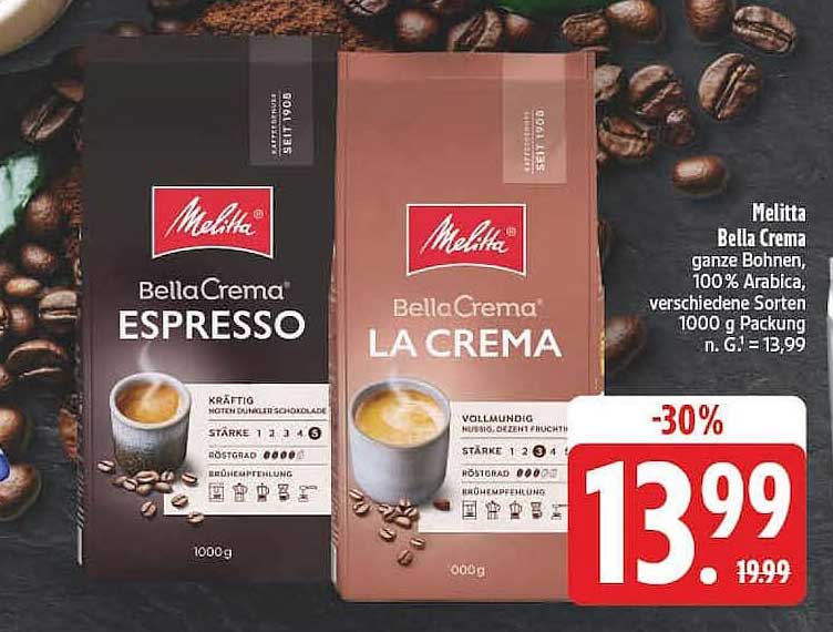 Melitta BellaCrema ganze Bohnen, 100% Arabica, verschiedene Sorten 1000 g Packung
