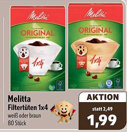 Melitta Filtertüten 1x4 weiß oder braun 80 Stück