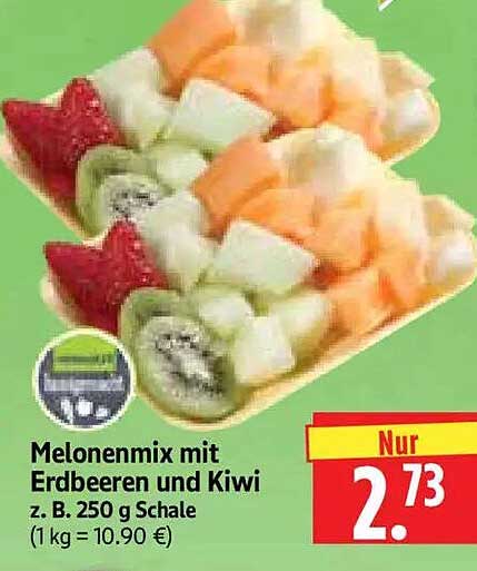 Melonenmix mit Erdbeeren und Kiwi z. B. 250 g Schale (1 kg = 10.90 €)