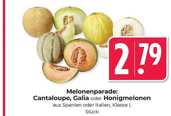 Melonenparade: Cantaloupe, Galia oder Honigmelonen aus Spanien oder Italien, Klasse I, Stück