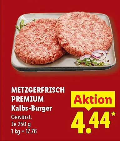 METZGERFRISCH PREMIUM Kalbs-Burger Gewürzt. Je 250 g 1 kg = 17.76