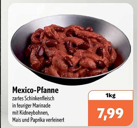 Mexico-Pfanne zartes Schinkenfleisch in feuriger Marinade mit Kidneybohnen, Mais und Paprika verfeinert
