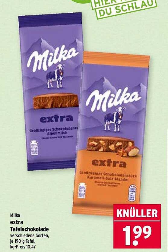 Milka extra Tafelschokolade verschiedene Sorten, je 190-g-Tafel, kg-Preis 10.47