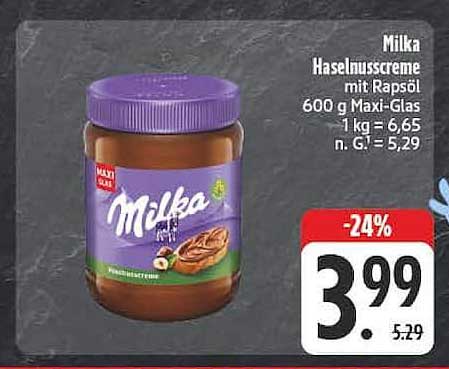 Milka Haselnusscreme mit Rapsöl 600 g Maxi-Glas 1 kg = 6,65 n. G. = 5,29