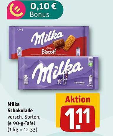 Milka Schokolade versch. Sorten, je 90-g-Tafel (1 kg = 12.33)