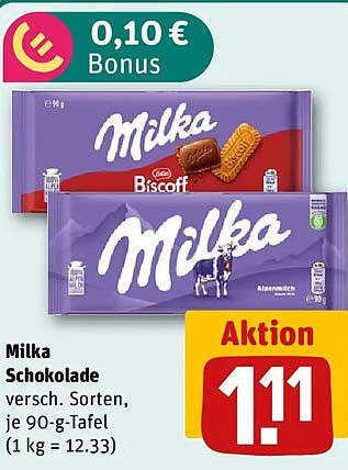 Milka Schokolade versch. Sorten, je 90-g-Tafel (1 kg = 12.33)