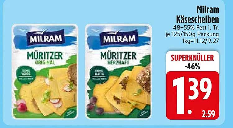 Milram Käsescheiben 48–55% Fett i. Tr. je 125/150g Packung