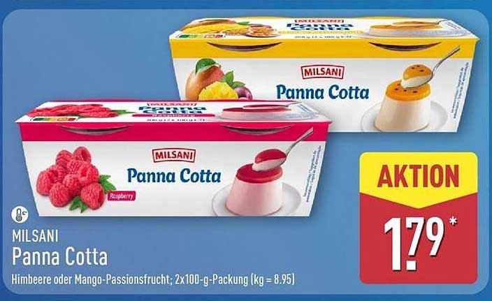 MILSANI Panna Cotta Himbeere oder Mango-Passionsfrucht, 2x100-g-Packung (kg = 8.95)