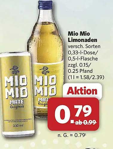 Mio Mio Limonaden versch. Sorten 0,33-l-Dose/ 0,5-l-Flasche zzgl. 0.15/ 0.25 Pfand (1 l = 1.58/2.39)