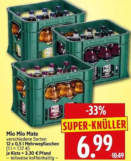 Mio Mio Mate verschiedene Sorten 12 x 0,5 l Mehrwegflaschen (1 l = 1.17 €) je Kiste + 3.30 € Pfand